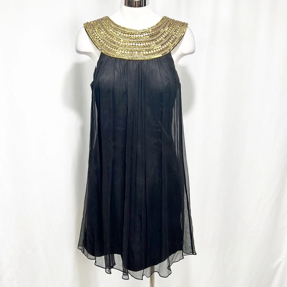 Jovani Gold Beaded Yolk Neckline and Black Silk Flowy Dress size 12